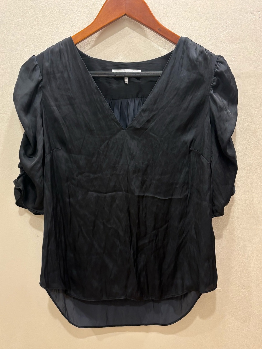 FRAME Black Satin Ruched Puff Sleeve V-Neck Blouse Size Small